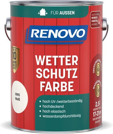 RENOVO Wetterschutzfarbe für Holz, wasserbasiert, Weiß, seidenglänzend, 2,5 l - Bild 1