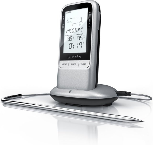 Arendo Digitales Funk Grillthermometer Kabellos mit Edelstahlsonde in Silber für die präzise Kerntemperaturmessung beim BBQ und Grillen - Bild 1