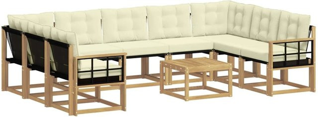 vidaXL Outdoor-Sofagarnitur in L-Form mit Eckelement, 3-Sitzer-Sofa und Couchtisch aus Akazienholz in Weiß und Beige - Bild 1