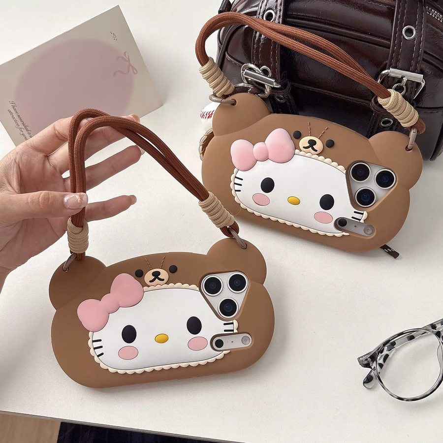 Kawaii 3D Bär Hello Kitty Handyhülle für iPhone 17 16 15 14 13 12 Pro Max Plus 16e 17 Pro mit Lanyard in Braun - Bild 5