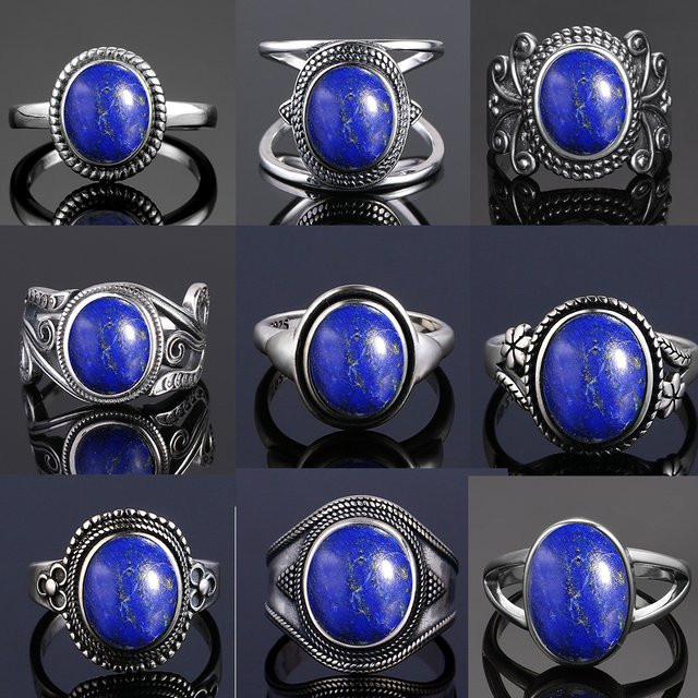 QIBAOKU Ring, Lapislazuli, Silber, Vintage, Damen und Herren - Bild 1