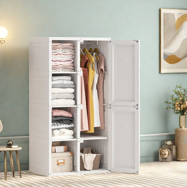 Comanlia Tragbarer Kleiderschrank mit 5 Fächern, Kleiderstange und Magnettüren, Weiß, B: 69 cm, T: 50 cm, H: 136 cm - Bild 1