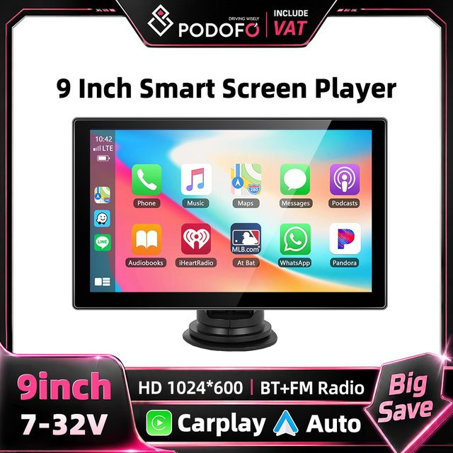Podofo 9 Zoll Smart Car Stereo Monitor mit Carplay, Android Auto, Bluetooth und Mirror Link in Schwarz - Bild 1