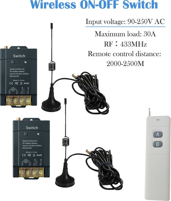 COLOROCK Drahtloser RF433 Fernbedienungsschalter mit 30A Hochleistung für Weitspannungs-AC 90-250V in Weiß - Bild 1