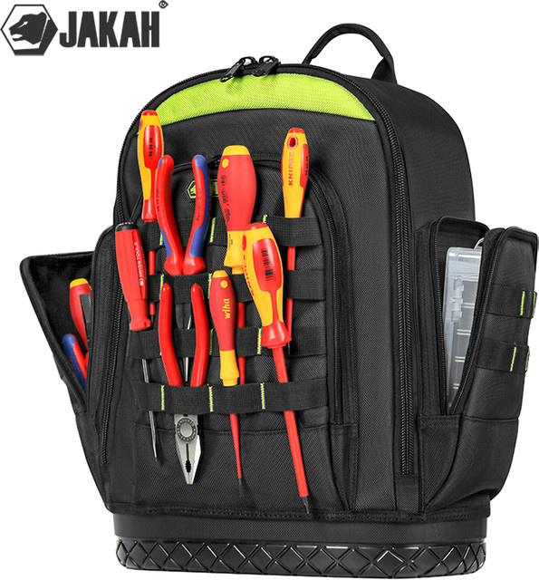 Jakah Werkzeugrucksack HL096 mit Kunststoff-Unterseite und Einstecktaschen in Schwarz-Grün-Transparent - Bild 1