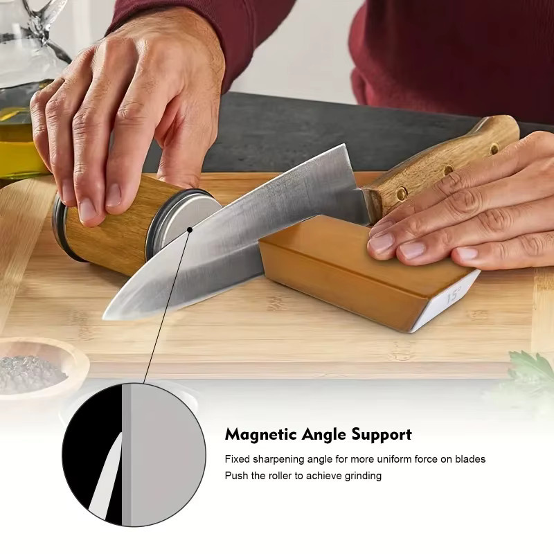 RSCHEF Küchen-Rollmesser-Schärfer-Set mit magnetischem Winkelmesser für gerade Klingen, Braun/Holz - Bild 2