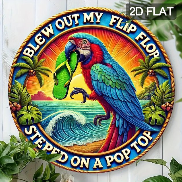 Potdemiel Rundes Aluminiumschild Tropical Seaside Beach mit Papagei und Flip-Flops, Durchmesser: 20,3 cm, Mehrfarbig - Bild 1