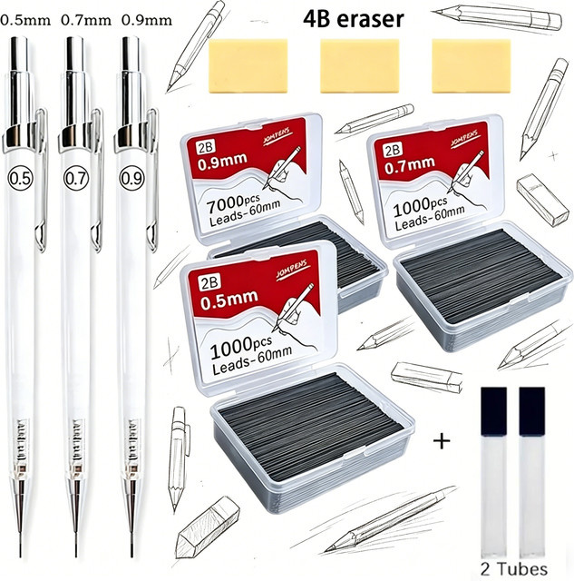 Transparentes Zeichenstift-Set für Kunstzeichnungen mit 2B-Stiftminen in 0,5 mm, 0,7 mm und 0,9 mm sowie 2 Spenderrohren - Bild 1