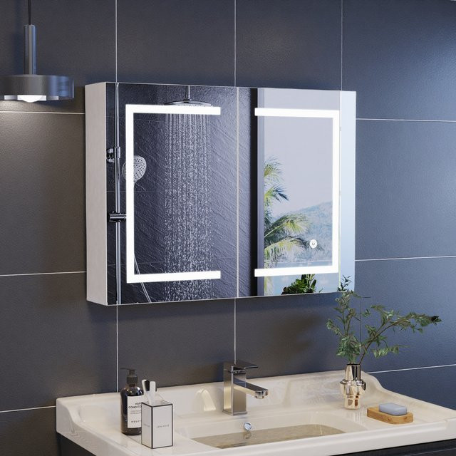 Rosahqnda Moderner Spiegelschrank für das Badezimmer mit LED-Beleuchtung, Wandmontage, Weiß, MDF und Glas - Bild 1