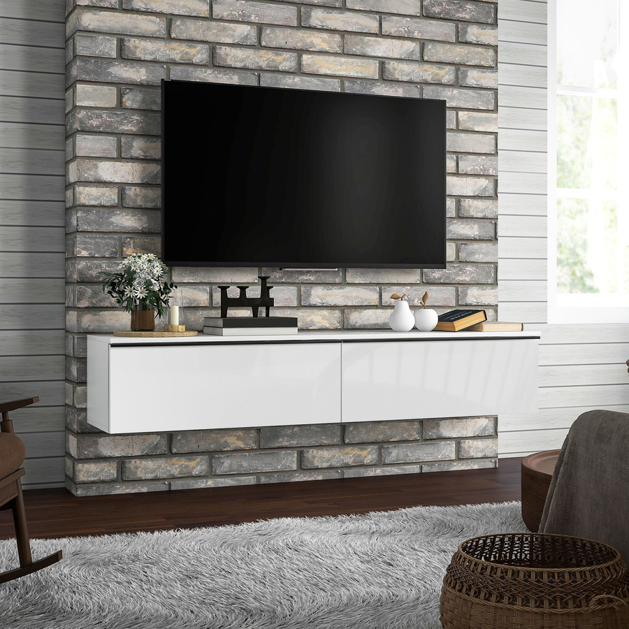 HOMCOM Wand-TV-Möbel aus Holz in Weiß mit glänzender Effekttür für Fernseher bis 70 Zoll, B/T/H: 160 x 35 x 30 cm - Bild 2