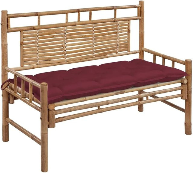 furnicato Gartenbank aus Bambus mit roten Auflagen, Breite: 120 cm - Bild 1
