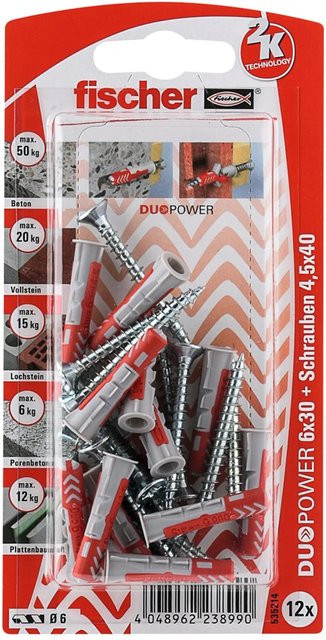 Fischer DuoPower Dübelset aus Nylon in Grau und Rot, 12 Stück mit Schrauben, Durchmesser: 6 mm, Länge: 30 mm - Bild 2