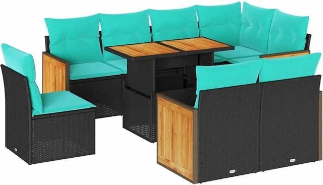 vidaXL 9-teilige Garten-Sofagarnitur aus Poly-Rattan und Akazienholz in Schwarz mit Kissen - Bild 1
