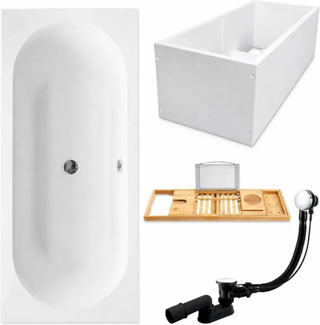 KOLMAN Badewanne Rechteck aus Acryl in Weiß inklusive Wannenträger, Bambus Badewannenablage, Ablauf und Füßen B/T: 150 x 75 cm - Bild 1