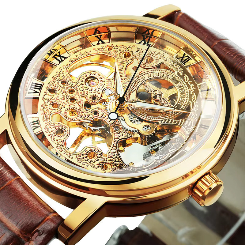 WINNER Armbanduhr Skelett-Mechanikuhr, Handaufzug, Leder, Gold, Herren - Bild 2