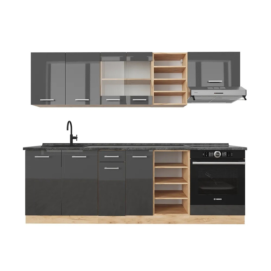 Vicco R-Line Küchenzeile Anthrazit Hochglanz und Goldkraft Eiche, Breite: 240 cm - Bild 2