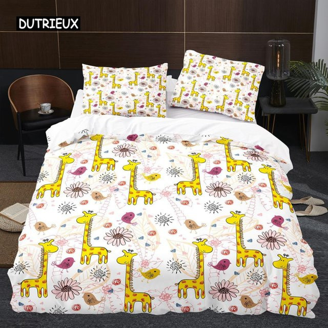 Binchi Bettwäscheset mit Giraffen-Motiv im Retro-Stil, 3-teilig, Farbe: Weiß, B/H: 140 x 200 cm - Bild 1