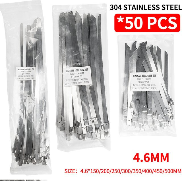 50 Stück selbstsichernde Kabelbinder aus 304 Edelstahl in Silber, rostfreie Metall-Kabelbinder für elektrische Kabelbäume, Länge: 150 cm - Bild 1