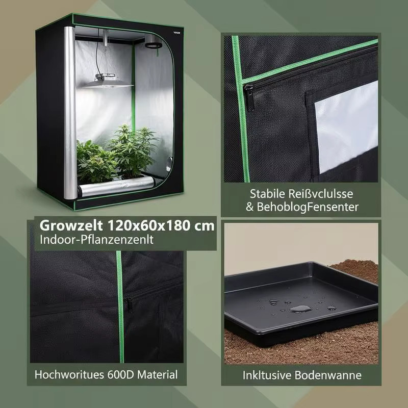 Pflanzzelt Growbox aus hochreflektierendem Mylar mit Sichtfenster, Bodenwanne und Reißverschluss für Indoor-Pflanzen, B/T/H: 120 x 60 x 180 cm - Bild 4
