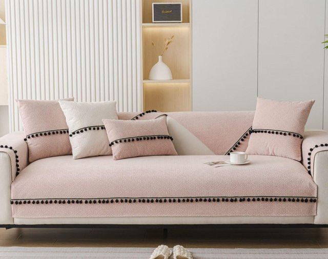Weicher Chenille Sofabezug mit Jacquard-Geometrie-Muster und Quasten in Pink, B/B: 70 x 70 cm - Bild 1