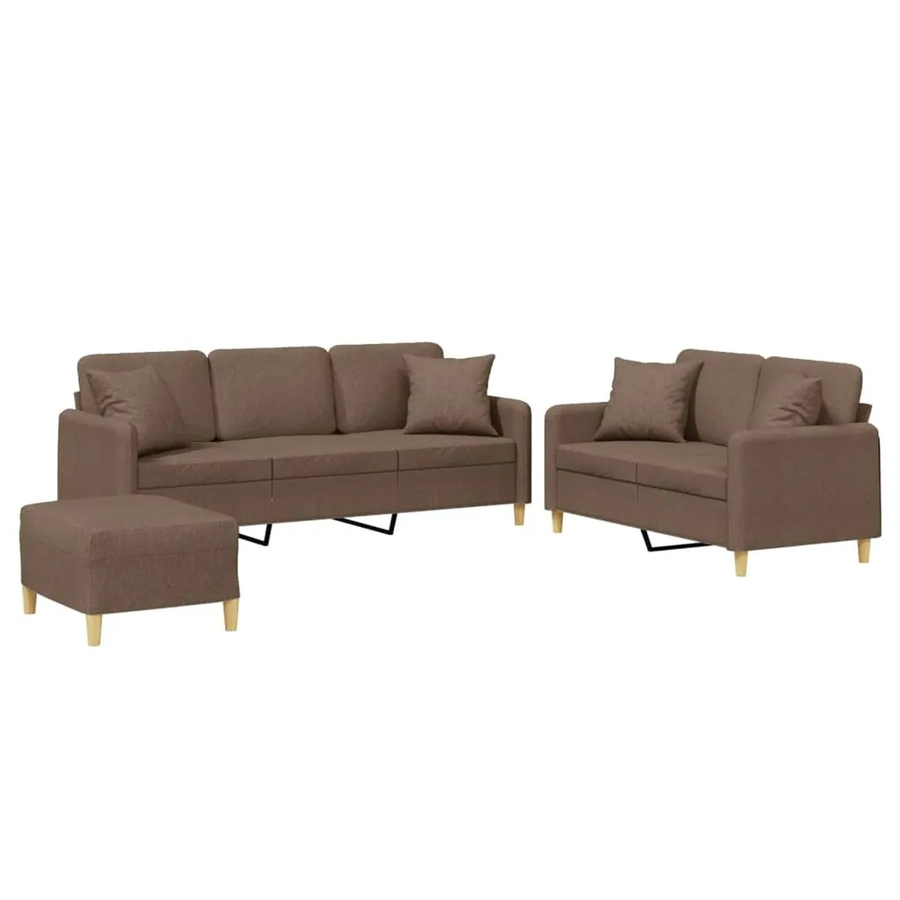 vidaXL 3-teilige Sofagarnitur in Braun mit Stoffbezug, bestehend aus 3-Sitzer-Sofa, 2-Sitzer-Sofa und Fußhocker inklusive Kissen - Bild 2