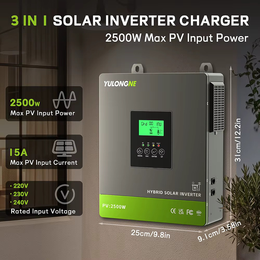 YULONGNE 1800W Off-Grid Hybrid-Solarwechselrichter 12V DC zu 230V AC mit 100A MPPT-Solarregler und max. 2500W PV-Leistung in Grau - Bild 4