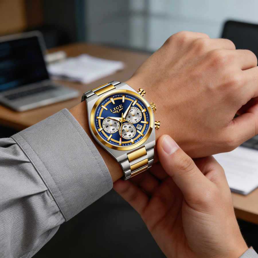 LIGE Armbanduhr Chronograph, Quarz, Edelstahl, Blau, Herren - Bild 5