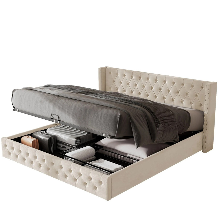 KOMHTOM Gepolstertes Doppelbett mit Hydraulik-Lift-Funktion im Chesterfield-Stil aus Samt in Beige, B/T/H: 140 x 200 x 109,5 cm - Bild 2