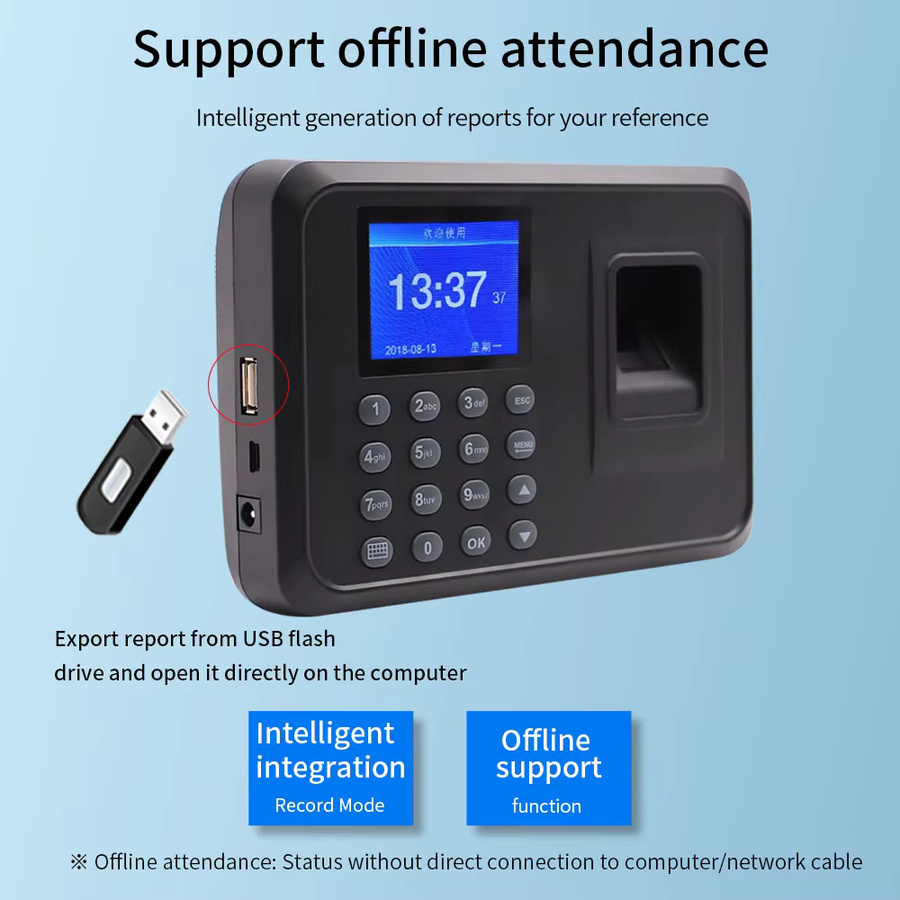 Asia-Teco A5 Biometrischer Fingerabdruck Scanner zur Zeiterfassung für Mitarbeiter, Intelligente Stechuhr mit USB-Datenverwaltung, Schwarz - Bild 3