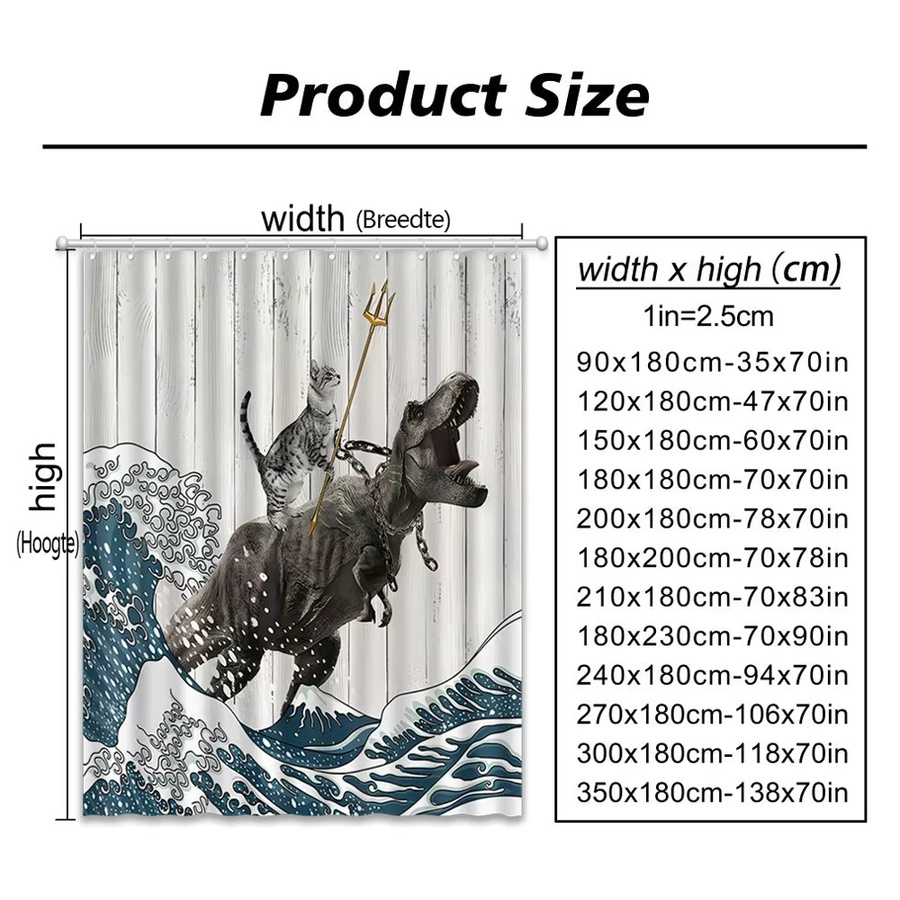 Lustiger Duschvorhang mit Katzen, Dinosaurier und japanischer Ozeanwelle für Kinder, mehrfarbig, Stoff, Höhe: 180 cm, Breite: 90 cm - Bild 3