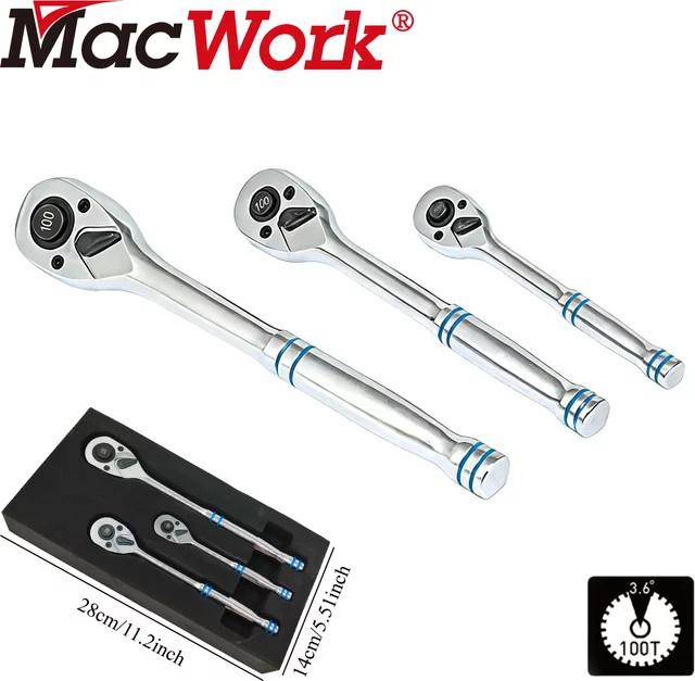 MacWork 3-teiliges Standard-Ratschenset mit 1/4 Zoll, 3/8 Zoll und 1/2 Zoll Antrieb, 100-Zahn-Ratsche mit rutschfestem Griff und EVA-Aufbewahrungstablett in Blau und Silber - Bild 1