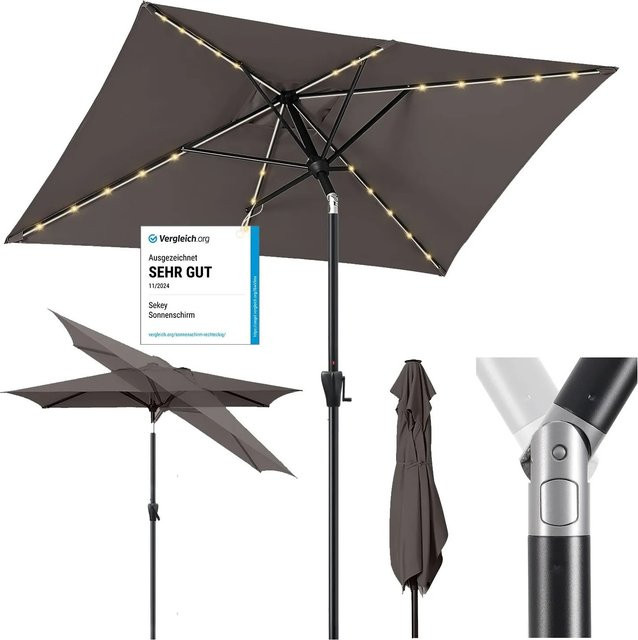 Sekey Sonnenschirm Rechteckig mit LED Solar Beleuchtung aus Aluminium und Polyester, B/T: 300 x 200 cm, Schwarz oder Cappuccino - Bild 1