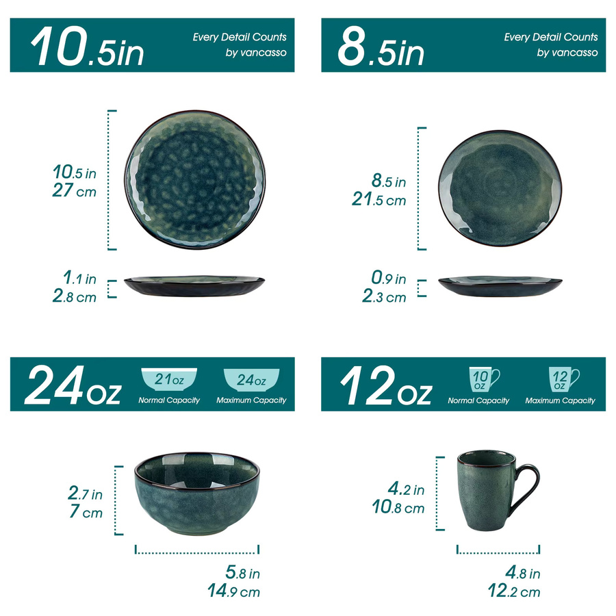 Vancasso Dinner-Set Sternenhimmel in Grün, 16-teiliges Tafelservice mit Speisetellern, Desserttellern, Schüsseln und Bechern aus Kiln-Change-Glaze - Bild 2