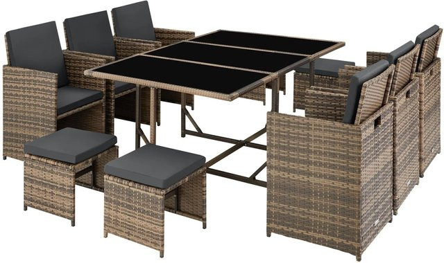 TECTAKE Polyrattan Sitzgruppe Malaga für 6 bis 10 Personen in Beige und Braun mit Glastisch und Schutzhülle - Bild 1