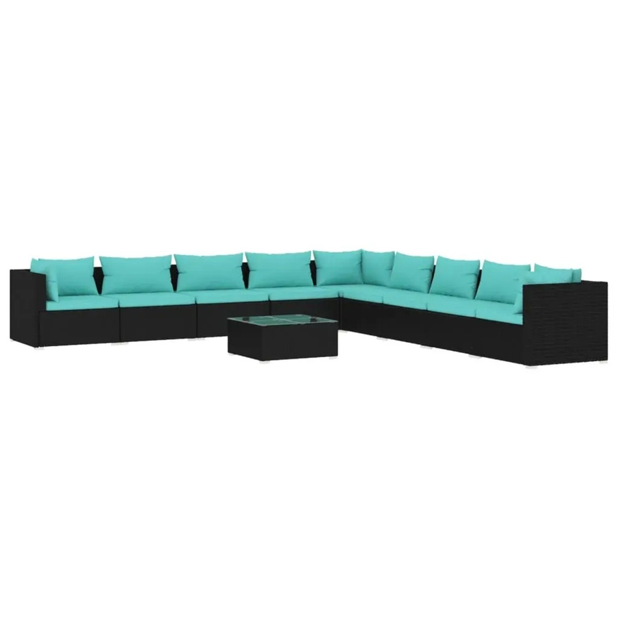 vidaXL 10-tlg. Garten-Lounge-Set aus Poly-Rattan in Schwarz mit blauen Kissen und Couchtisch - Bild 2