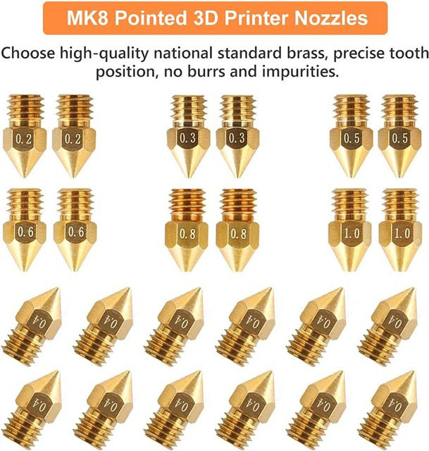 24er Set MK8 Messingdüsen in Gold für Creality Ender 3 und CR-10 3D-Drucker mit Düsenöffnungen von 0,2mm bis 0,8mm - Bild 1