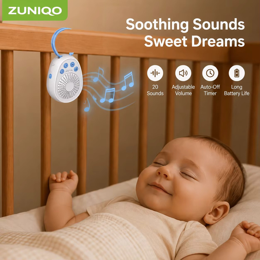 ZUNIQO Baby White Noise Maschine mit 20 beruhigenden Klängen, tragbares USB-Mini-Schlafgerät für Neugeborene in Blau und Weiß - Bild 3
