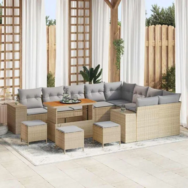 Vidaxl Garten-Sofa-Set aus Poly-Rattan in Beige, modulares 13-teiliges Lounge-Set mit Fußhockern und gepolsterten Segmenten - Bild 1