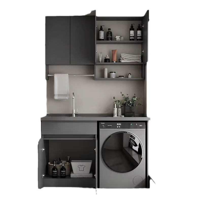 Moderner Waschmaschinen-Schrank mit integriertem Waschbecken aus Aluminium in Grau Matt für Balkon und Badezimmer - Bild 3