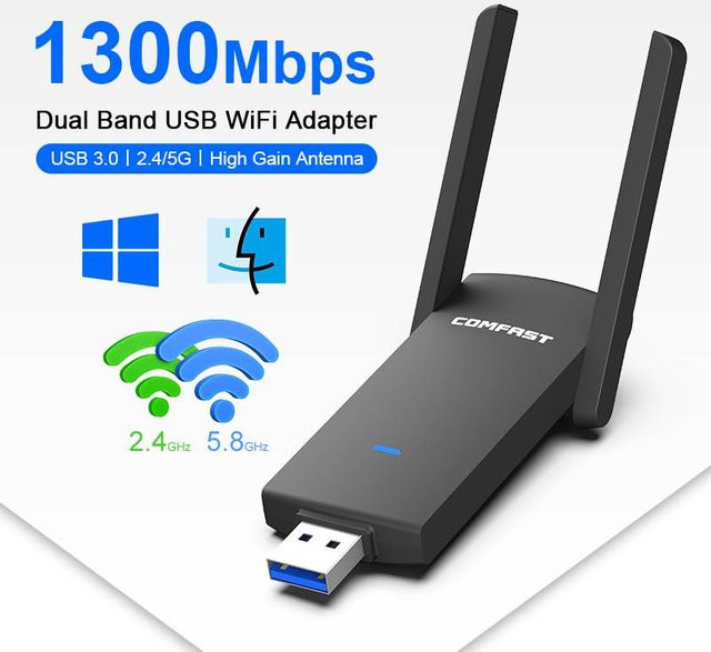 COMFAST Dual-Band WLAN-Adapter USB 3.0 mit 1300Mbps, 2.4GHz & 5GHz, 802.11AC MU-MIMO Netzwerkkarte, Schwarz - Bild 1
