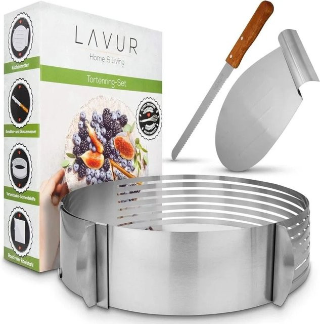 Lavur Tortenring Set 3-teilig verstellbar in Silber inklusive Tortenretter und Messer, Durchmesser: 23 bis 30 cm - Bild 1