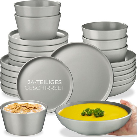 tectake Tafelservice Una aus Steingut für 6 Personen in Grau, stapelbar, spülmaschinenfest und mikrowellengeeignet, B/T/H: 26 x 26 x 2,3 cm