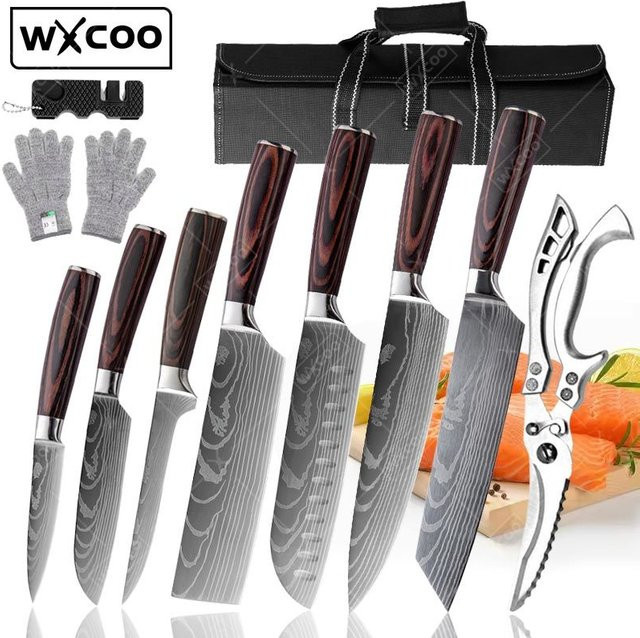WXCOO Japanisches Kochmesser-Set aus Edelstahl mit Damast-Muster in Silber, bestehend aus Fleischbeil und Slicer-Messer - Bild 1