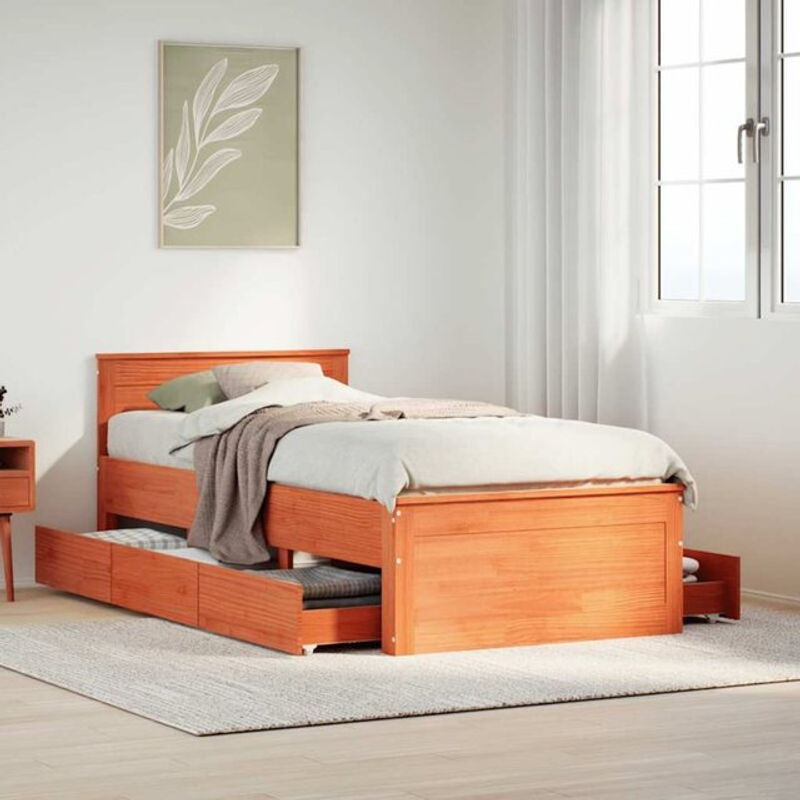 Massivholzbett aus Kiefer mit Kopfteil von Vidaxl, Farbe Braun, B/T: 75 x 190 cm - Bild 1