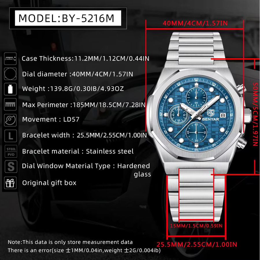 BENYAR Armbanduhr, Quarz, Edelstahl, Blau, Herren - Bild 2