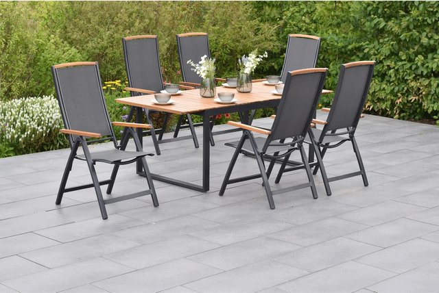 Merxx Gartenmöbelset Siena 7-teilig aus Akazienholz und Aluminium in Grau mit ausziehbarem Tisch und Klappsesseln - Bild 1