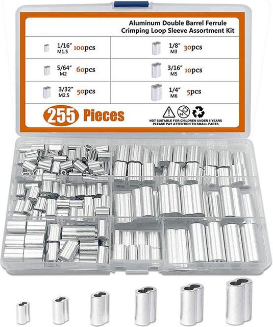 Binchi Outdoor Equipment 255-teiliges Crimp-Schlaufenhülsen-Sortiment aus Aluminium mit Doppellauf-Ferrule für Drahtseile und Kabel in Weiß und Silber - Bild 1