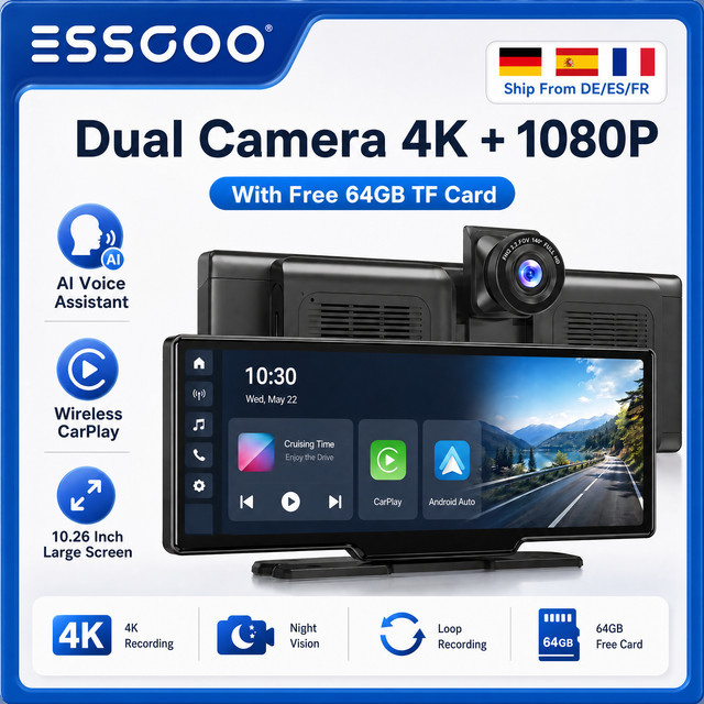 ESSGOO 4K Dash Cam mit Wireless CarPlay und Android Auto, ADAS, Bluetooth, GPS und AUX, Schwarz, 10,26 Zoll - Bild 1