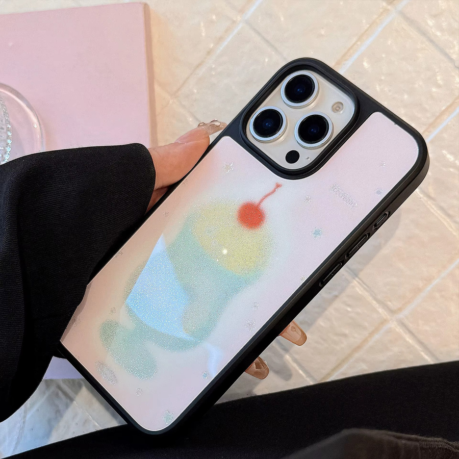 MUQGEW Handyhülle mit Kirschsaft-Design und Glitzer-Effekt für iPhone 12 bis 16 Pro Max, Schwarz und Multicolour, stoßfeste Acryl-Schutzhülle - Bild 4