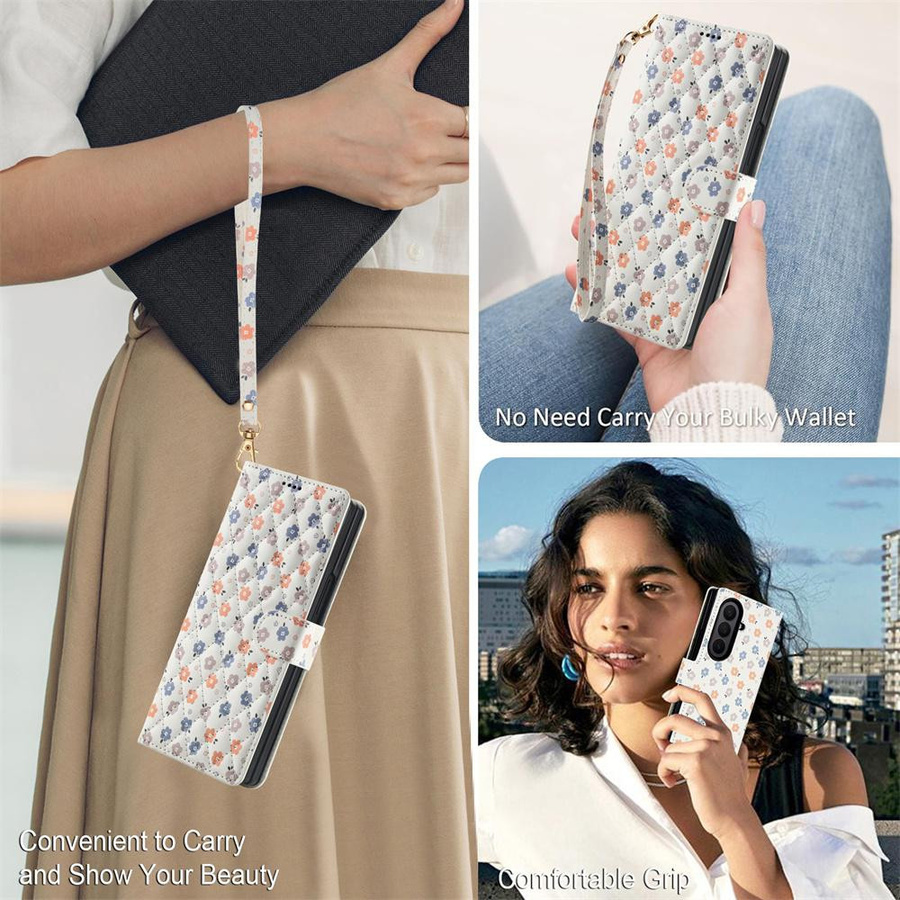 Samsung Galaxy Z Fold 5 4 6 7 5G Klapphandyhülle aus weißem Leder mit buntem Blumenmuster, Geldbörse und Handschlaufe, stoßfeste Schutzhülle Case mit Strap - Bild 5